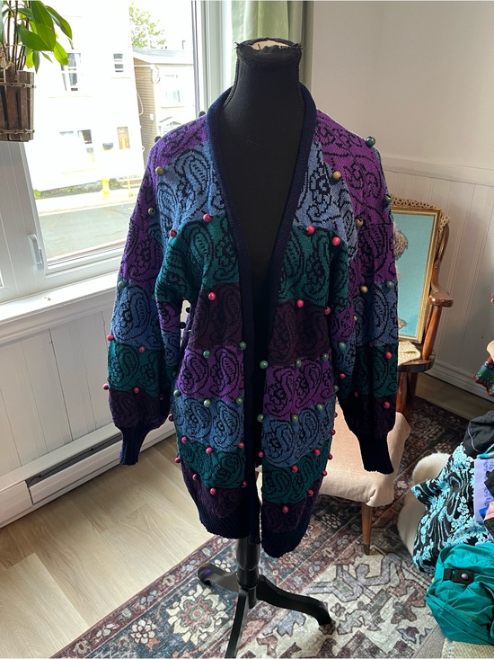 Sweaters - Women’s Vintage Multicolor Open-Front Floral Pearl-Accent Knit Cardigan 😍 M